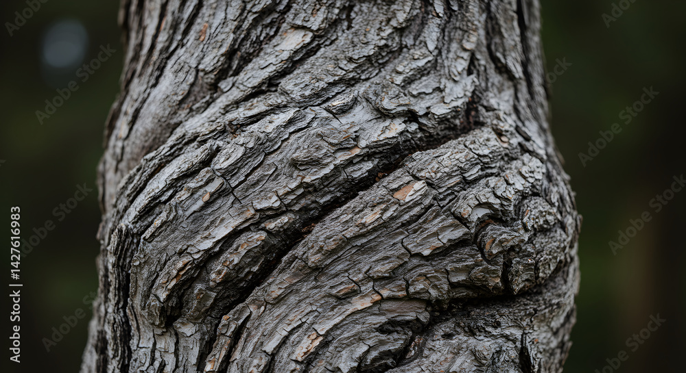 Fototapeta premium Close Up of Twisted Tree Trunk with Deeply Furrowed Bark Texture