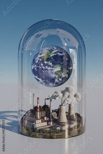 Fragile Earth Contained: A Visual Metaphor for Environmental Concerns and Climate Change Crisis Highlighting the Delicate Balance Between Industry and Planetary Health