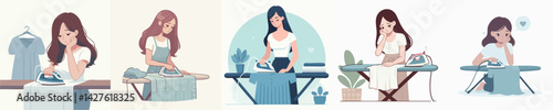 Vector collection A sad young woman is ironing clothes