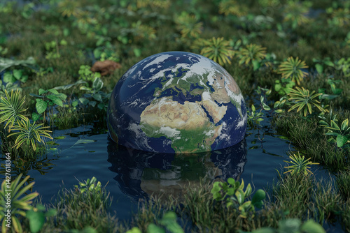 Earth's Reflection: A Planet Immersed in Nature, Symbolizing the Delicate Balance of Our World and the Urgent Need for Climate Awareness and Environmental Conservation