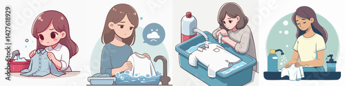 Vector collection A sad young woman is washing clothes