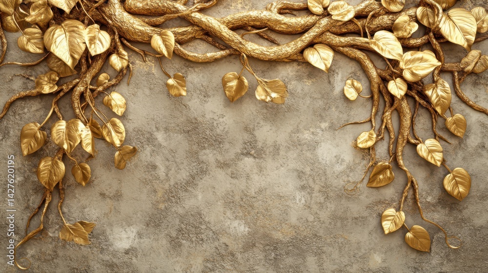 Golden Tree roots with Stucco Stems and Leaves An elegant 3D floral background. Elegant 3D Floral Background Featuring Golden Tree roots with Stucco Stems and Leaves.