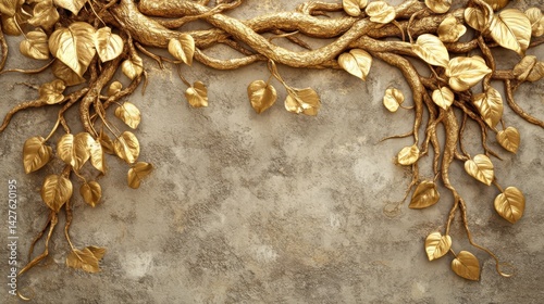 Obraz na płótnie Golden Tree roots with Stucco Stems and Leaves An elegant 3D floral background. Elegant 3D Floral Background Featuring Golden Tree roots with Stucco Stems and Leaves. w salonie
