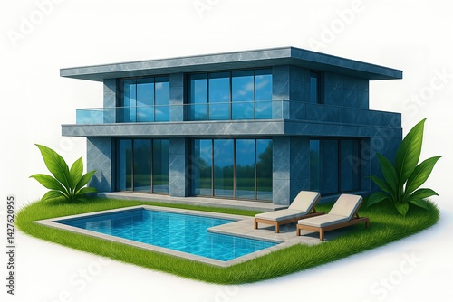 Modern real estate 3D icon showcasing sleek architecture and outdoor pool area in a serene landscape setting