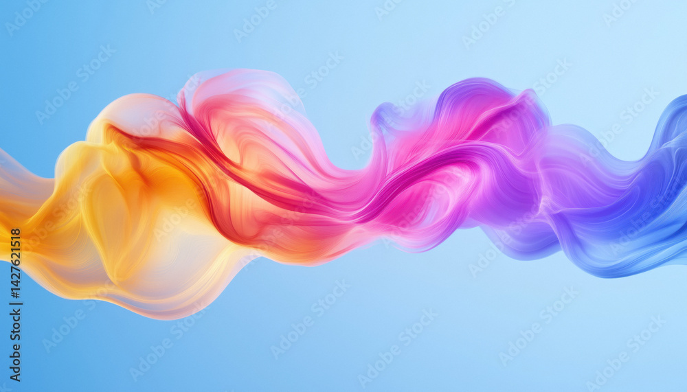 Smooth, flowing abstract shapes with a gradient of warm orange and pink transitioning into cool purple and blue against a light blue background.