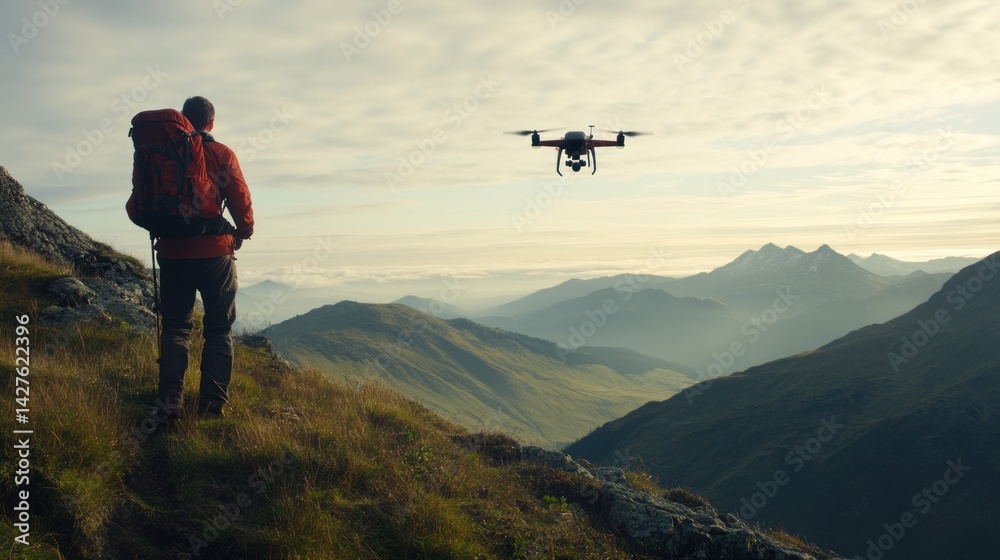 Obraz premium Drone Photography: Adventurer and Aerial View of Majestic Mountains