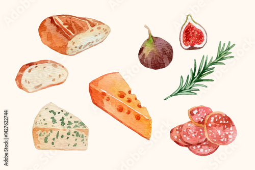 Watercolor cheese board elements collection