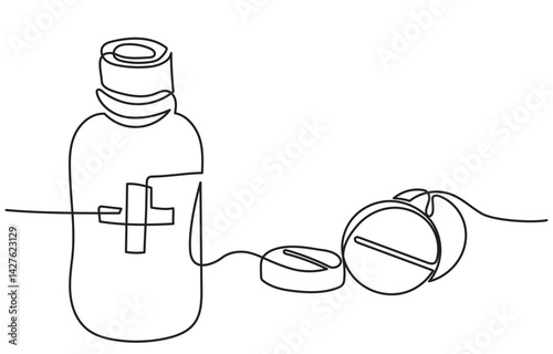 Continuous line drawing of medicine.Isometric single-line drawing of capsules and pills, including painkillers, antibiotics, vitamins, and aspirin in a modern minimal style.