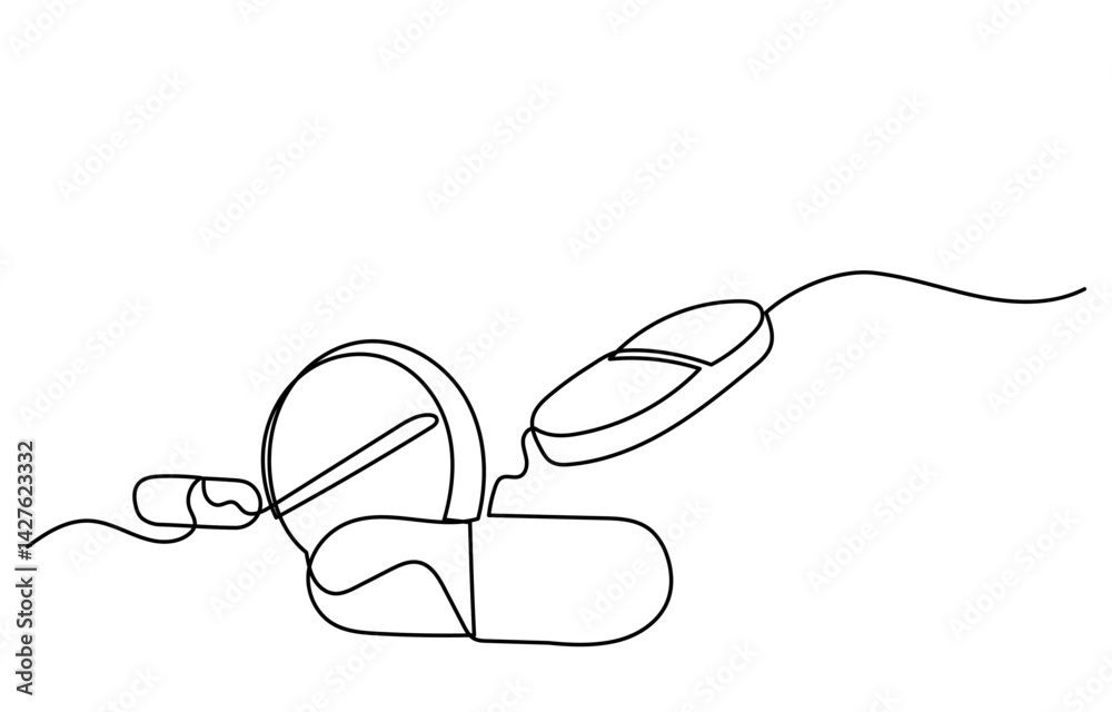 Obraz premium Continuous line drawing of medicine.Isometric single-line drawing of capsules and pills, including painkillers, antibiotics, vitamins, and aspirin in a modern minimal style.