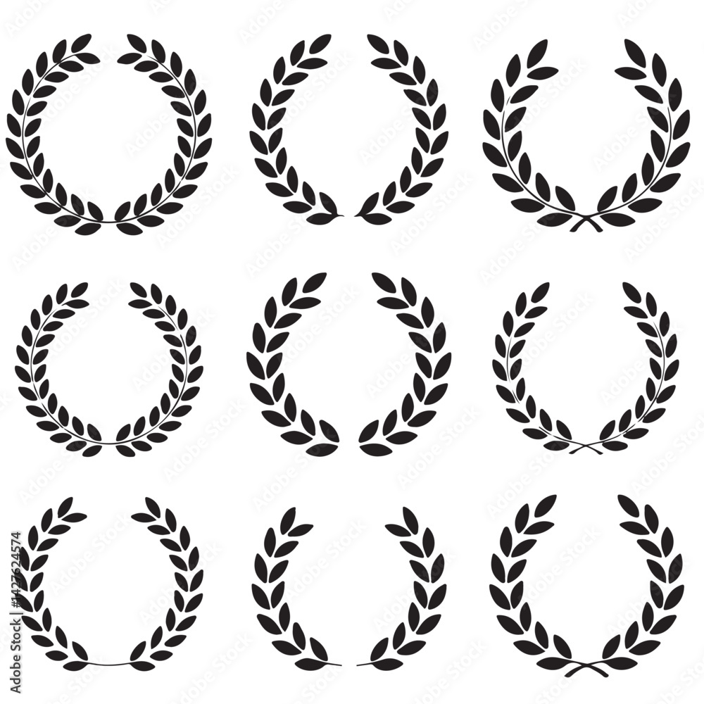 Obraz premium SET OF BLACK laurel wreath, flower, half, olive branch, roman laurel wreath, vintage laurel wreath, vector silhouettes