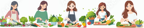 Vector collection A happy young woman is cutting vegetables