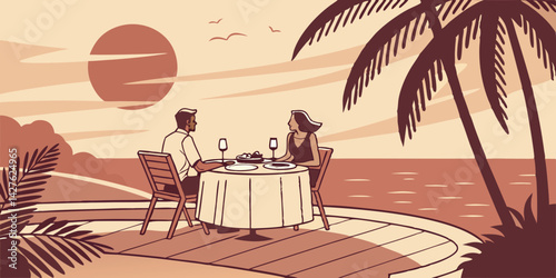 Romantic couple on the beach on table in sunny background vector, illustration.