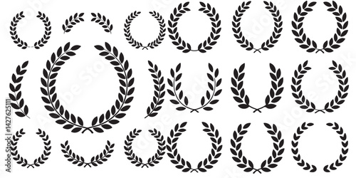 SET OF BLACK laurel wreath, flower, half, olive branch, roman laurel wreath, vintage laurel wreath, vector silhouettes