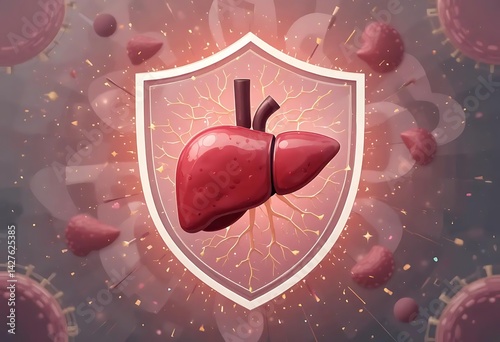 Protected Liver: 3D Render of a Healthy Organ within a Shielding Emblem