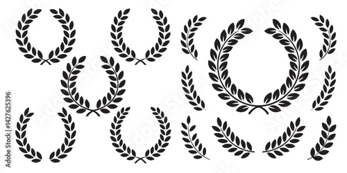 SET OF BLACK laurel wreath, flower, half, olive branch, roman laurel wreath, vintage laurel wreath, vector silhouettes