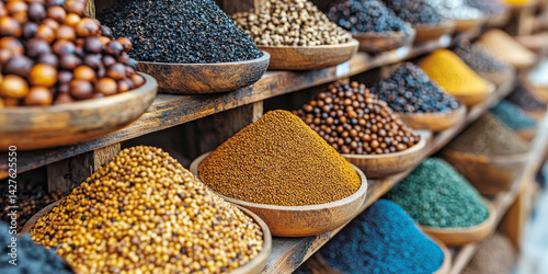 Variety of Colorful Spices in Wooden Bowls