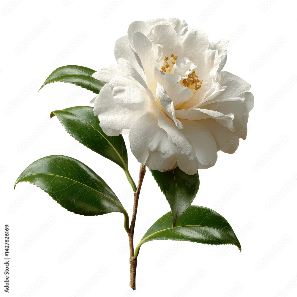 Obraz premium Single White Camellia Bloom with Green Leaves on Green Background