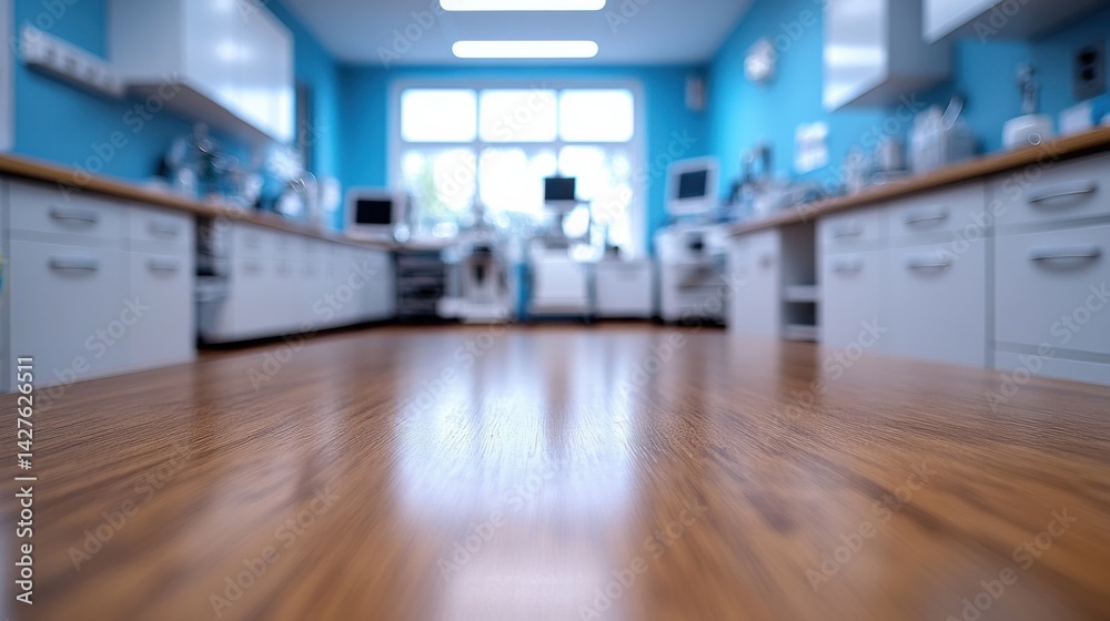 Fototapeta premium Foreground includes a polished wooden table, background reveals a brightly lit doctor's office with medical devices and clean white cabinets, no people