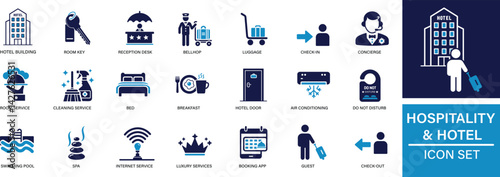 clean and minimal icon set featuring  black fill icons related to hotels, travel, accommodation, and guest services.
