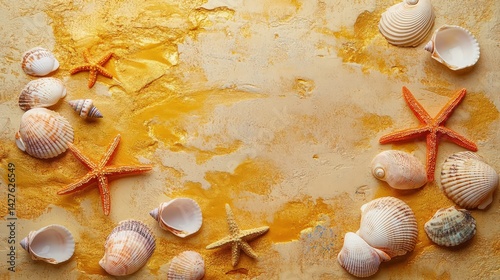 Sea shells and starfish are scattered along the shoreline, glistening under the soft morning sun. 