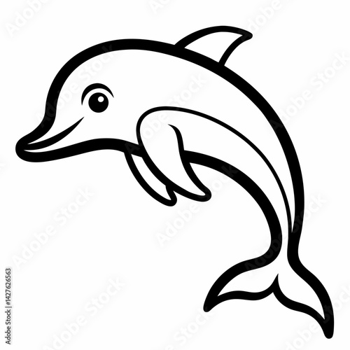 Vector of dolphin line art illustration coloring page for kids, on white background.
