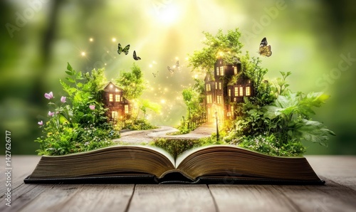 Enchanted fairytale houses emerge from open book, nature scene