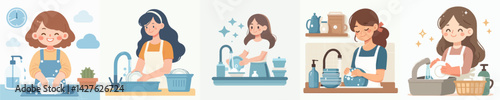 Vector collection A happy young woman is washing dishes