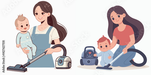 Vector collection of a young mother holding a baby and cleaning dust with a vacuum cleaner