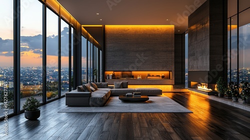 Luxurious modern living room with panoramic city view at sunset  Spacious and stylish interior design with comfortable sofa elegant lighting and floor to ceiling overlooking the urban skyline