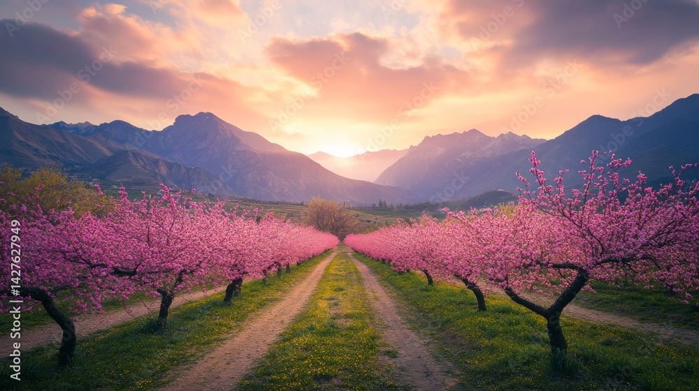 Fototapeta premium Spring peach orchard in full bloom with rows of trees covered in pink blossoms, mountain range and cloudy sunrise sky in the background, showcasing seasonal beauty and vibrant natural colors.