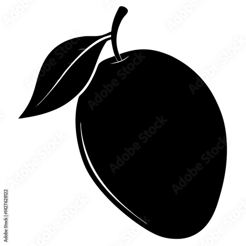 Black and White Mango Silhouette with Leaf – Tropical Fruit Vector Illustration

