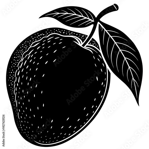 Black and White Mango Silhouette with Leaf – Tropical Fruit Vector Illustration


