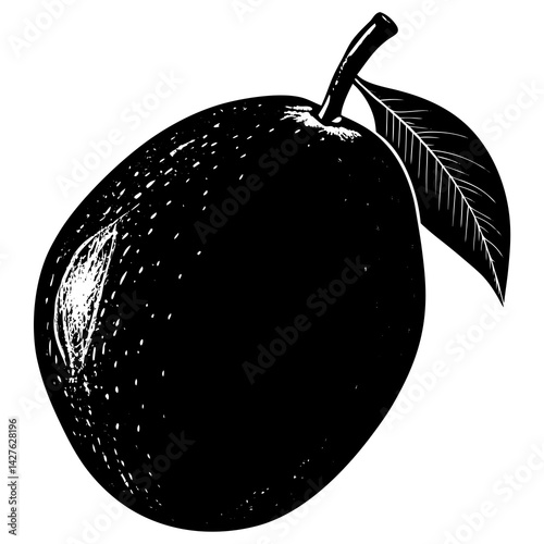 Black and White Mango Silhouette with Leaf – Tropical Fruit Vector Illustration

