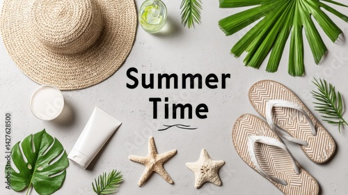 summer time concept with beach accessories and text 