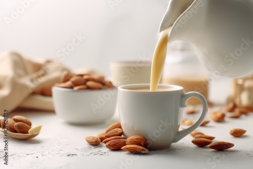 Almond milk is poured into the cup from an elegant white jug, next to it there are some almond nuts on a light background. 