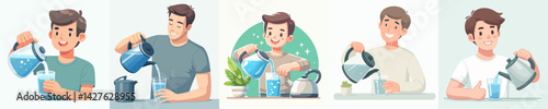Vector collection A happy young man pours clean water into a kettle
