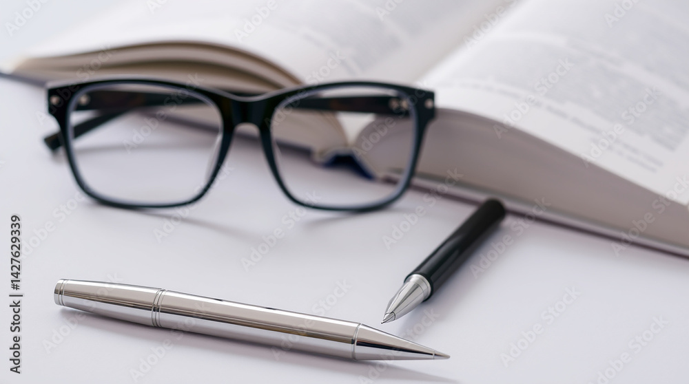Eyeglasses, Pen, and Open Book on Desk with Soft Lighting – Generated AI