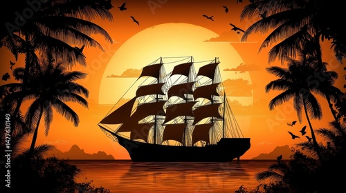 Silhouette of a sailing ship at sunset amongst tropical palms.
