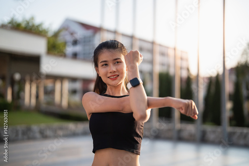 Free Download Active healthy asian woman exercising athletes in fitness clothes.sunrise sports girl front of city Motivation for a healthy lifestyle. - GFXLoad