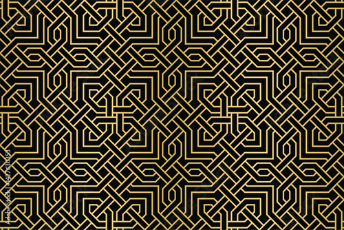 Ornate geometric labyrinth of gold lines intertwining over a dark abyss