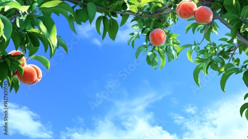 Ripe peaches hanging from branches on a lush peach tree under a bright blue summer sky, showcasing juicy seasonal fruit in full natural color and vivid outdoor garden setting.
