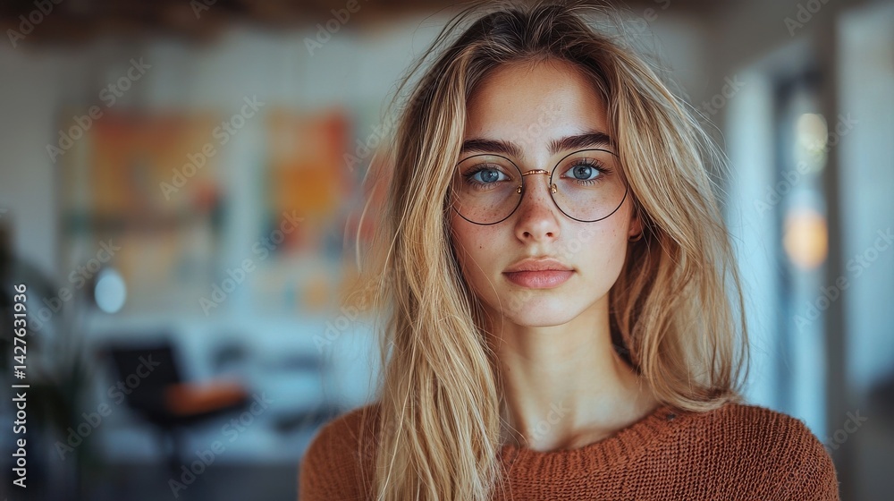 Portrait of a young confident and thoughtful blonde woman wearing glasses standing in a modern office or home workspace setting appearing focused and introspective Portrait of a young confident and thoughtful blonde woman wearing glasses standing in a modern office or home workspace setting appearing focused and introspective