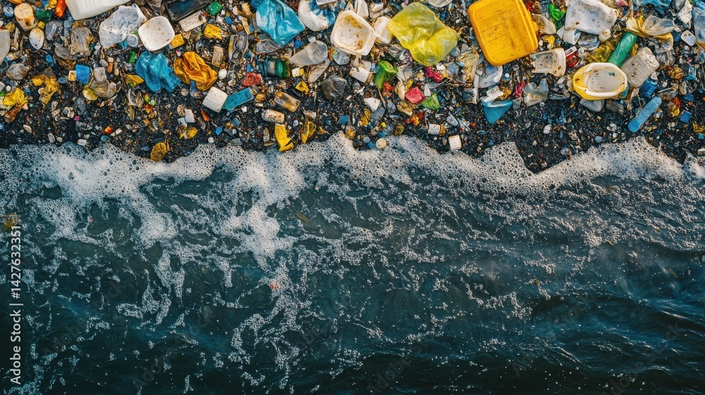 Obraz premium The image depicts a shoreline littered with colorful plastic waste, highlighting the environmental pollution affecting water bodies and ecosystems.