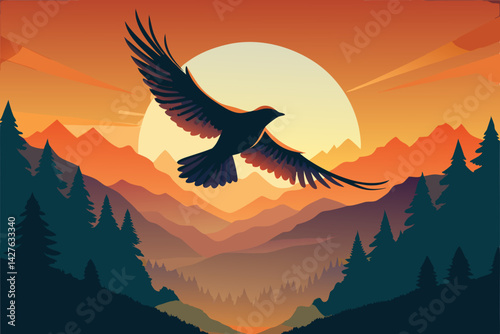 An eagle soaring against the radiant backdrop of a sunset, symbolizing freedom and aspiration in a serene natural environment. generative AI