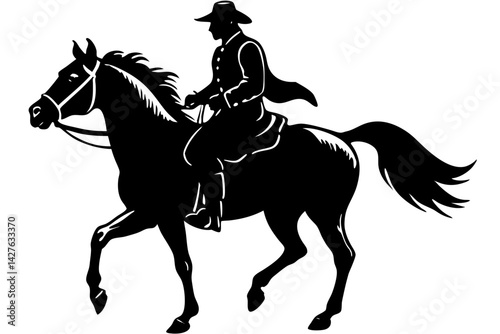 A silhouette depicts a rider astride a horse, the rider's figure is strong and full of confidence, evoking a sense of adventure and historical narrative. The image is bold, artistic. generative AI