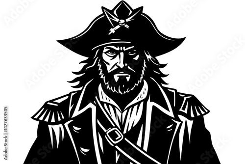 A fierce pirate captain with a rugged beard and piercing gaze stares defiantly, his cocked hat and sword belt accentuating his bold, adventurous spirit. generative AI
