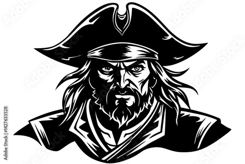 A captivating illustration of a stern pirate, his weathered face and intense gaze embodying the spirit of adventure. The pirate's hat adds a touch of classic maritime intrigue. generative AI