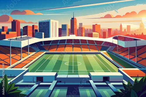 A captivating illustration of a modern football stadium against a vibrant cityscape, symbolizing sports and urban integration. generative AI