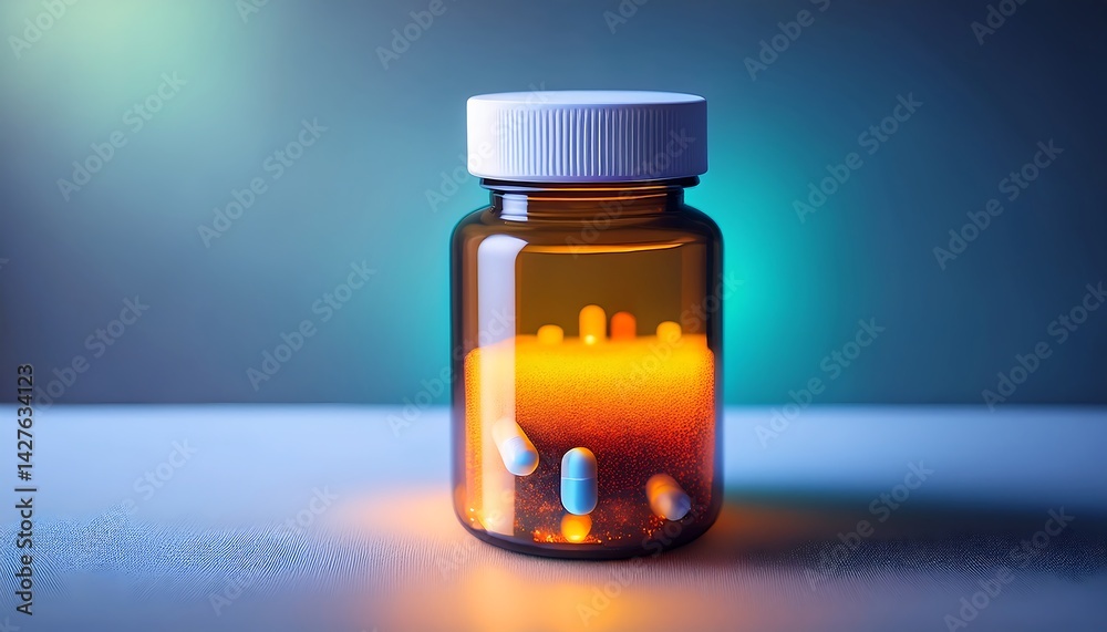 Glass jar containing various colorful pills with soft glowing background showcasing health and wellness concept