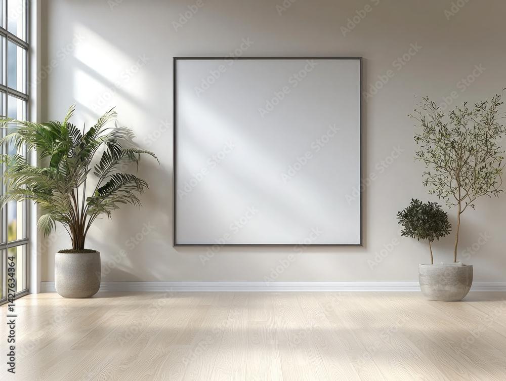 modern interior space featuring blank photo frame on wall, surrounded by decorative plants in stylish pots. natural light enhances serene atmosphere, creating calming environment modern interior space featuring blank photo frame on wall, surrounded by decorative plants in stylish pots. natural light enhances serene atmosphere, creating calming environment